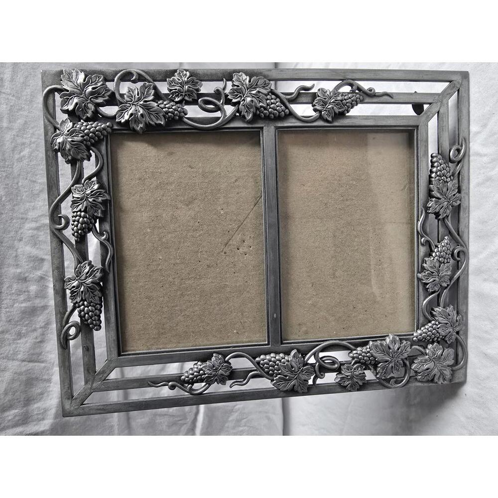 Decorative Metal Double Photo Frame with Grape Vine Design; holds photo.